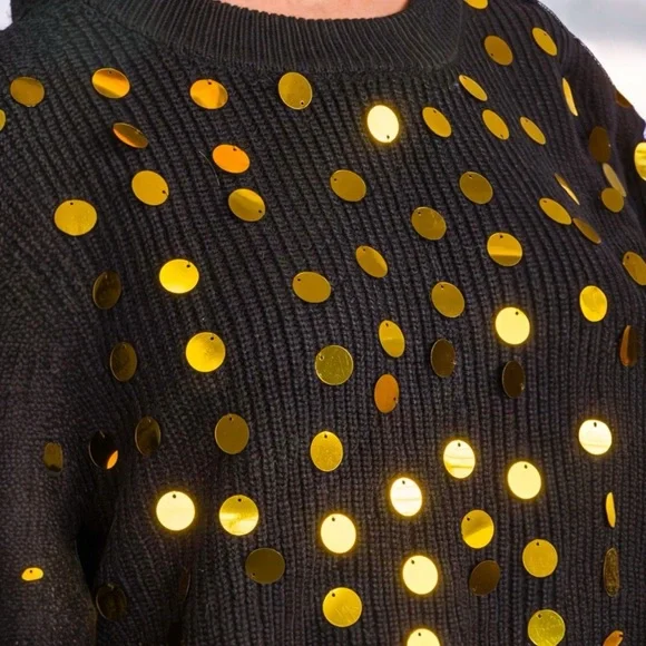 PEACH LOVE CALIFORNIA Black shaker knit gold accent sweater S M L - Picture 6 of 9